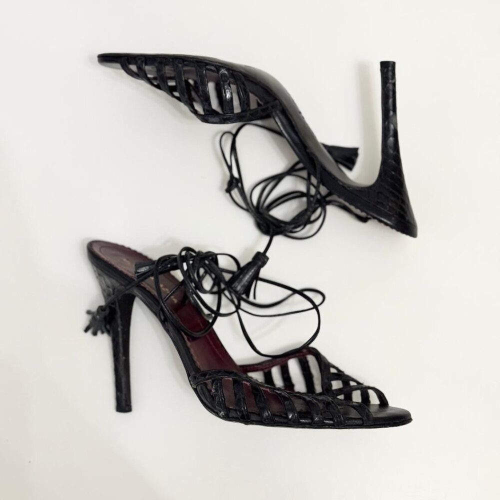BCBGMaxAzria Black Leather Strappy Open Toe Heels Stilettos, Size 7.5